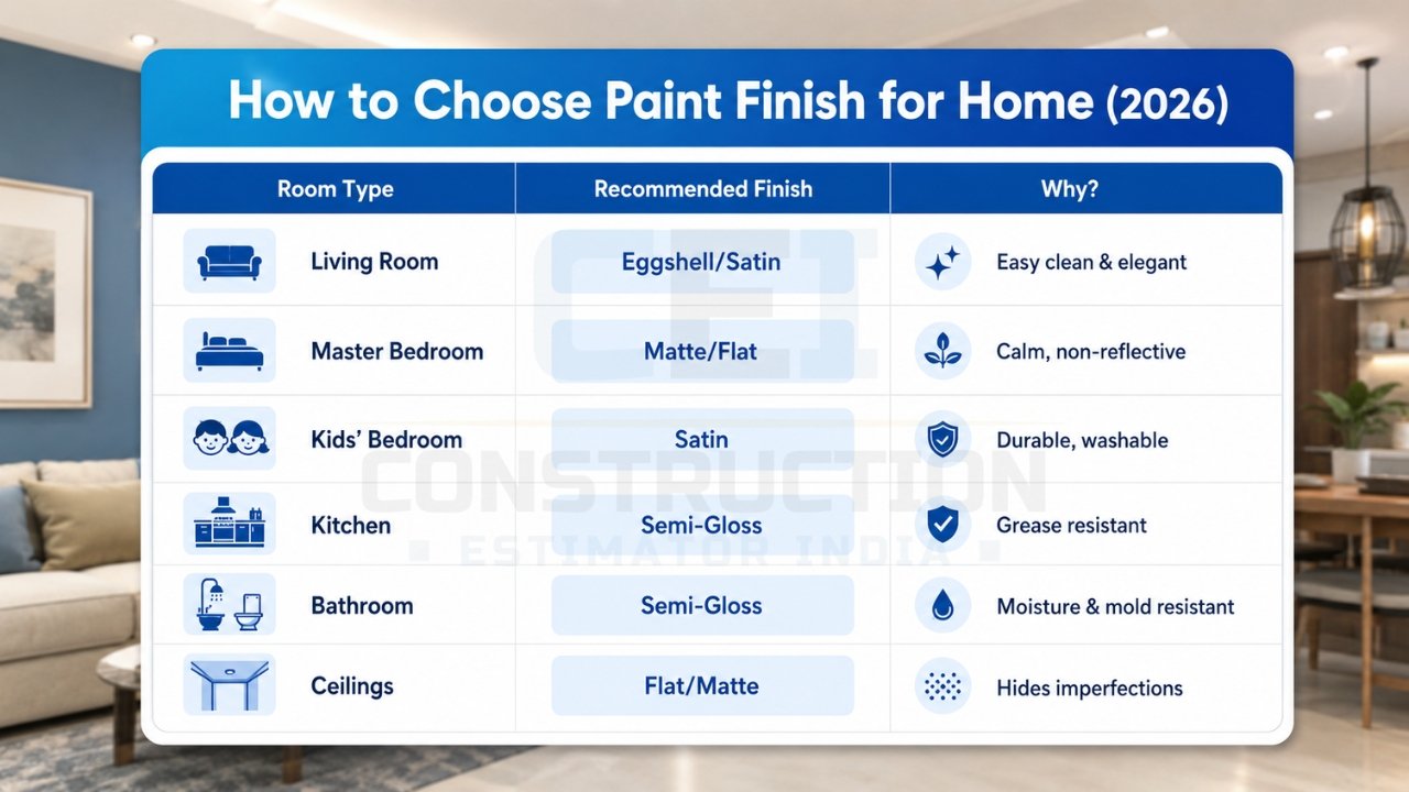 How to choose paint finish for home 2026 showing room-wise recommendations like eggshell, satin, matte, and semi-gloss with benefits