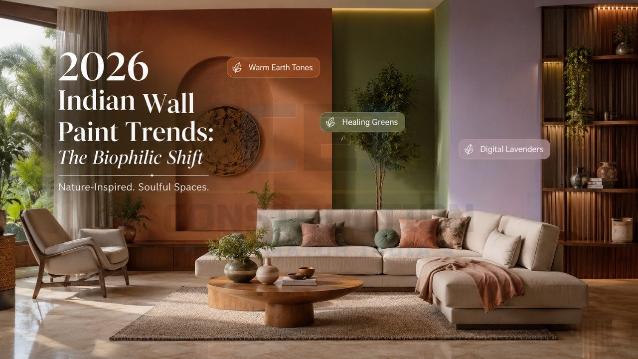 2026 Indian wall paint trends with earth tones, green, and lavender in modern living room