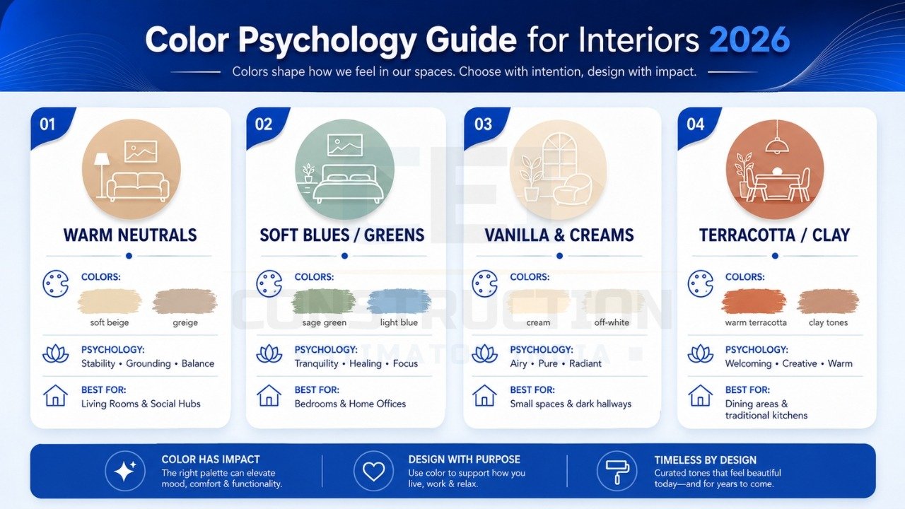 Color psychology guide for interiors 2026 with neutrals, blues, creams, and terracotta