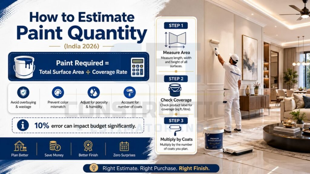 Step-by-step paint quantity estimation infographic showing surface area calculation, coverage rate, and coat multiplication