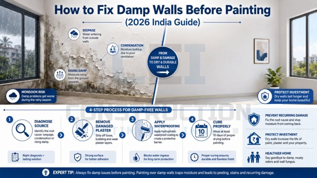 Damp wall repair process infographic showing waterproofing and wall preparation steps before painting