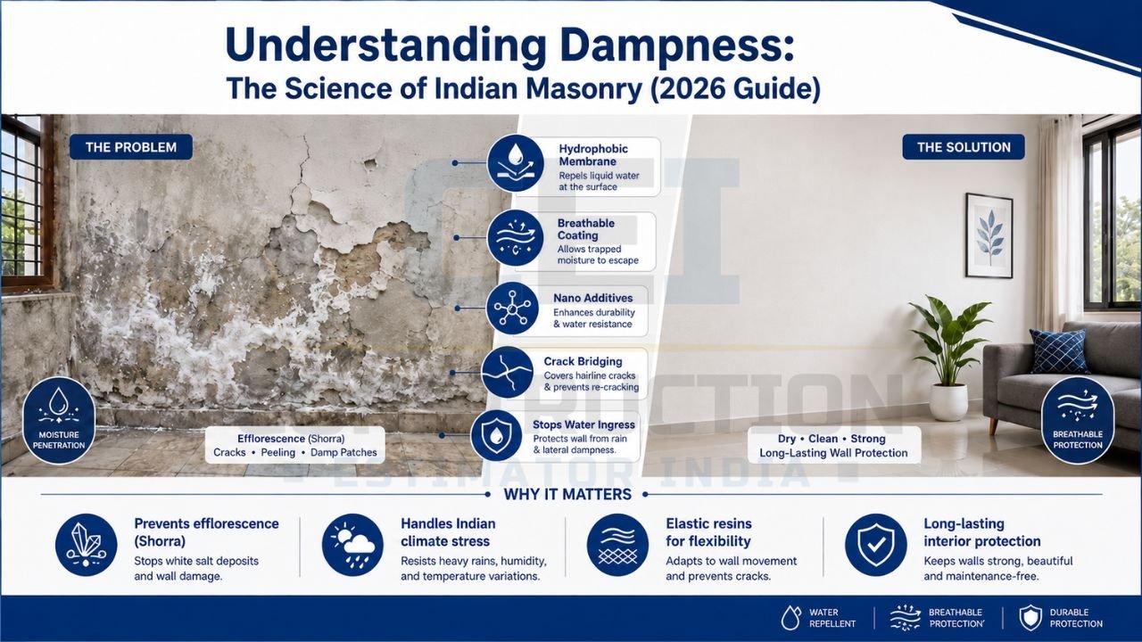 Damp wall science infographic explaining moisture penetration, breathable coatings, and waterproof protection