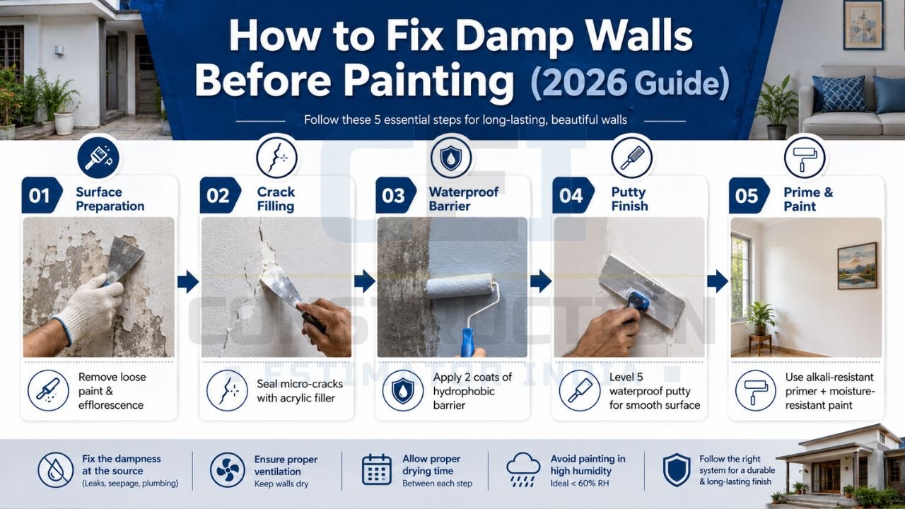 Step-by-step damp wall repair and waterproof painting preparation guide for Indian homes