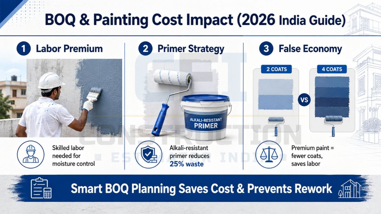Painting contractor applying exterior paint with BOQ cost planning and primer strategy infographic