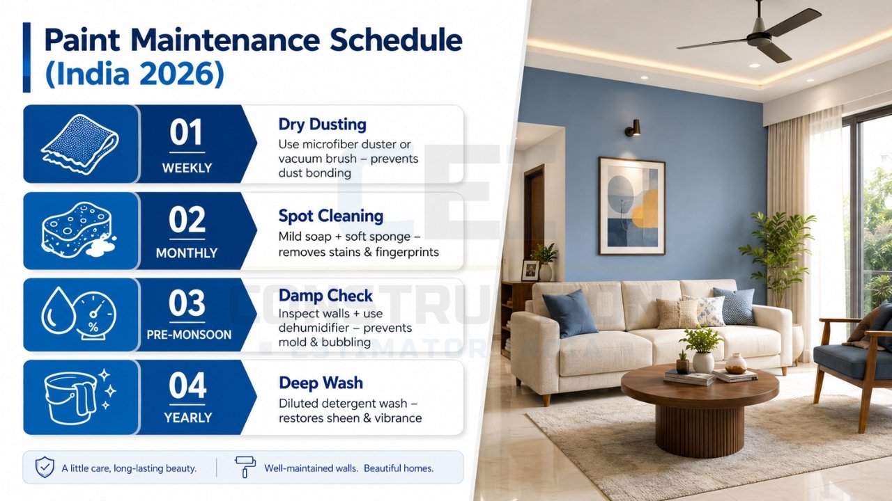Paint maintenance schedule India 2026 showing weekly dusting, monthly cleaning, pre-monsoon damp check, and yearly deep wash
