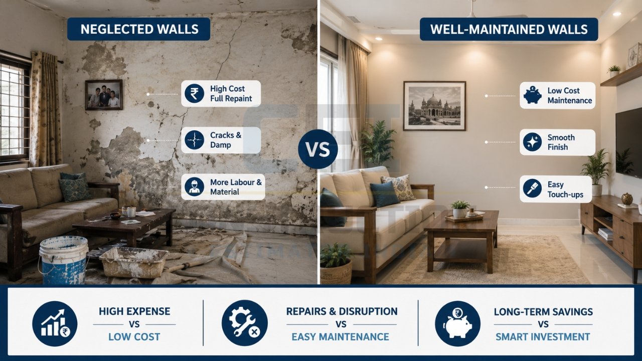 Neglected vs well-maintained walls comparison showing damage, cost impact, and finish quality in home interiors