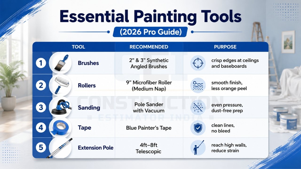 Essential painting tools 2026 guide showing brushes, rollers, sanding tools, tape, and extension pole with recommended types and uses
