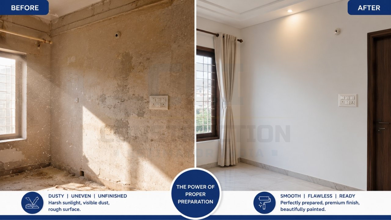 Before and after wall painting transformation showing damaged damp wall restored to smooth, clean, finished surface with proper preparation