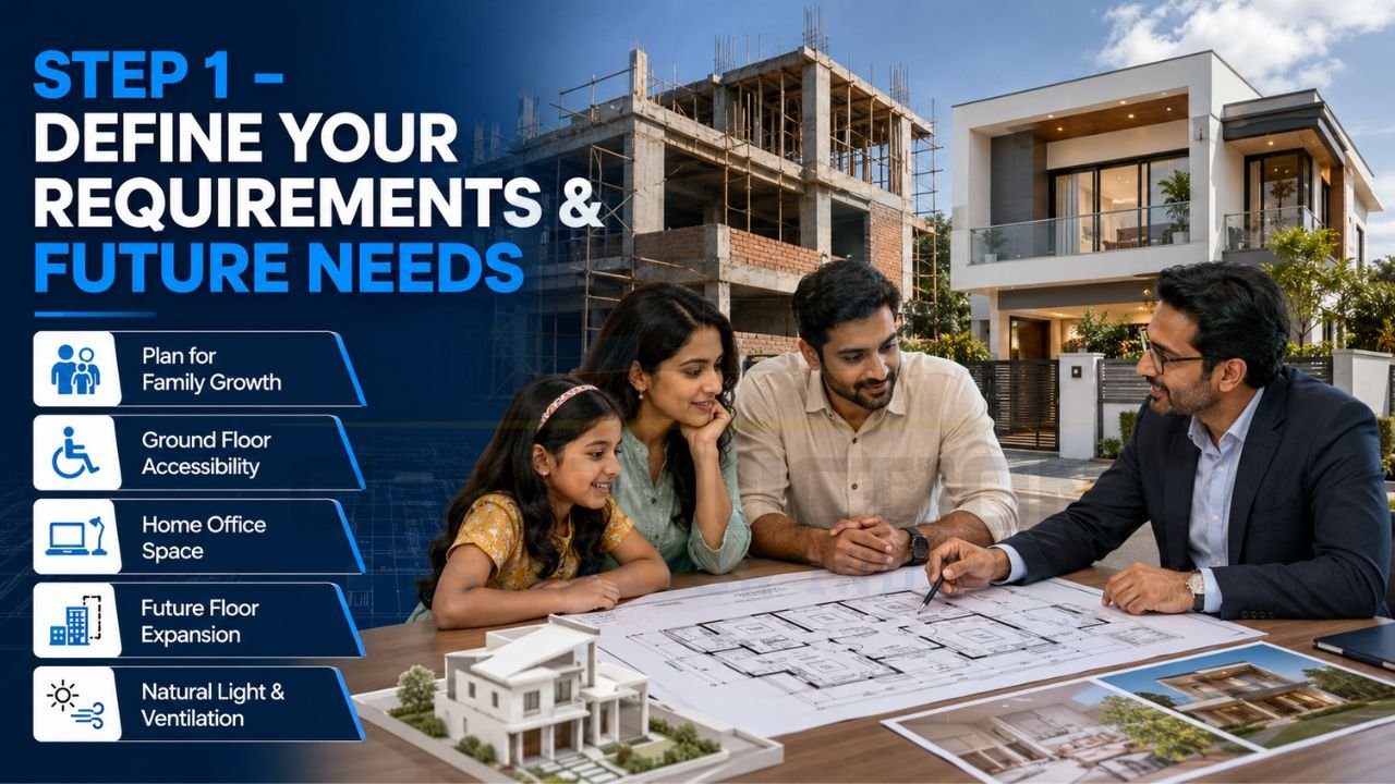 Family discussing home design requirements with an architect, focusing on future expansion, accessibility, home office space, and natural lighting.