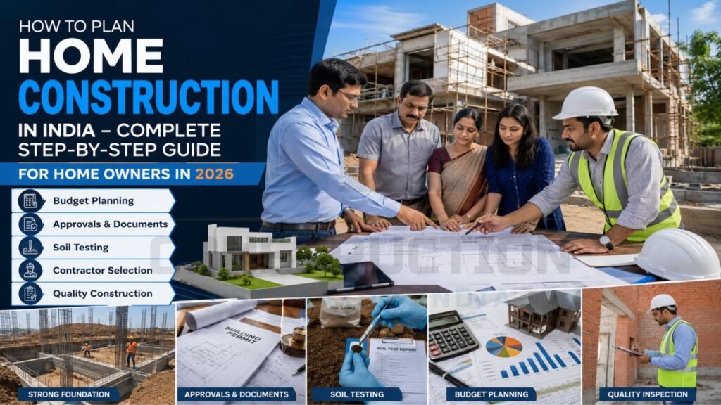 Comprehensive home construction planning guide showing budgeting, approvals, soil testing, contractor selection, quality inspection, and project management steps.