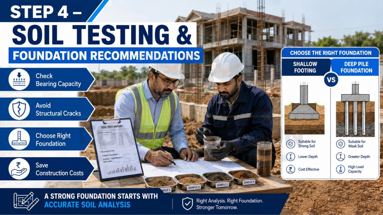 Engineers conducting soil testing at a construction site to determine bearing capacity and select the appropriate foundation type for a residential building.