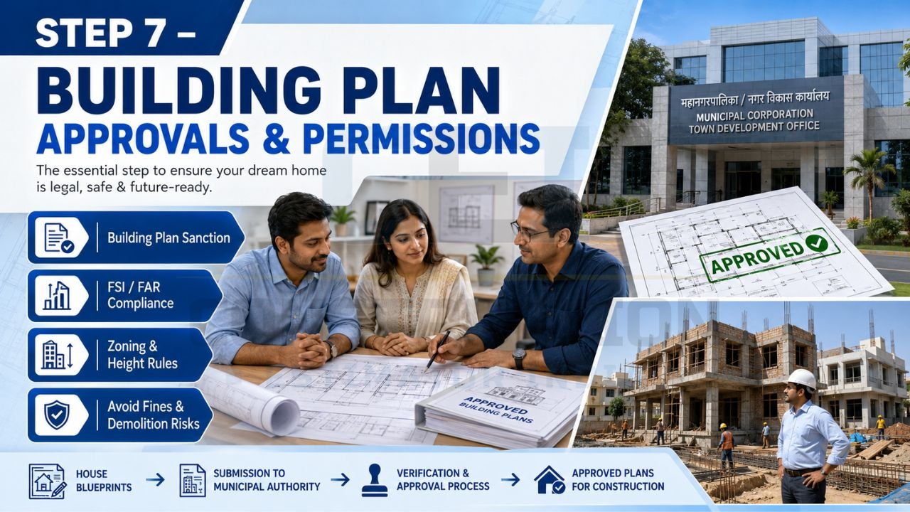 Building plan approval process showing municipal authority review, approved construction drawings, zoning compliance, and building permit requirements.