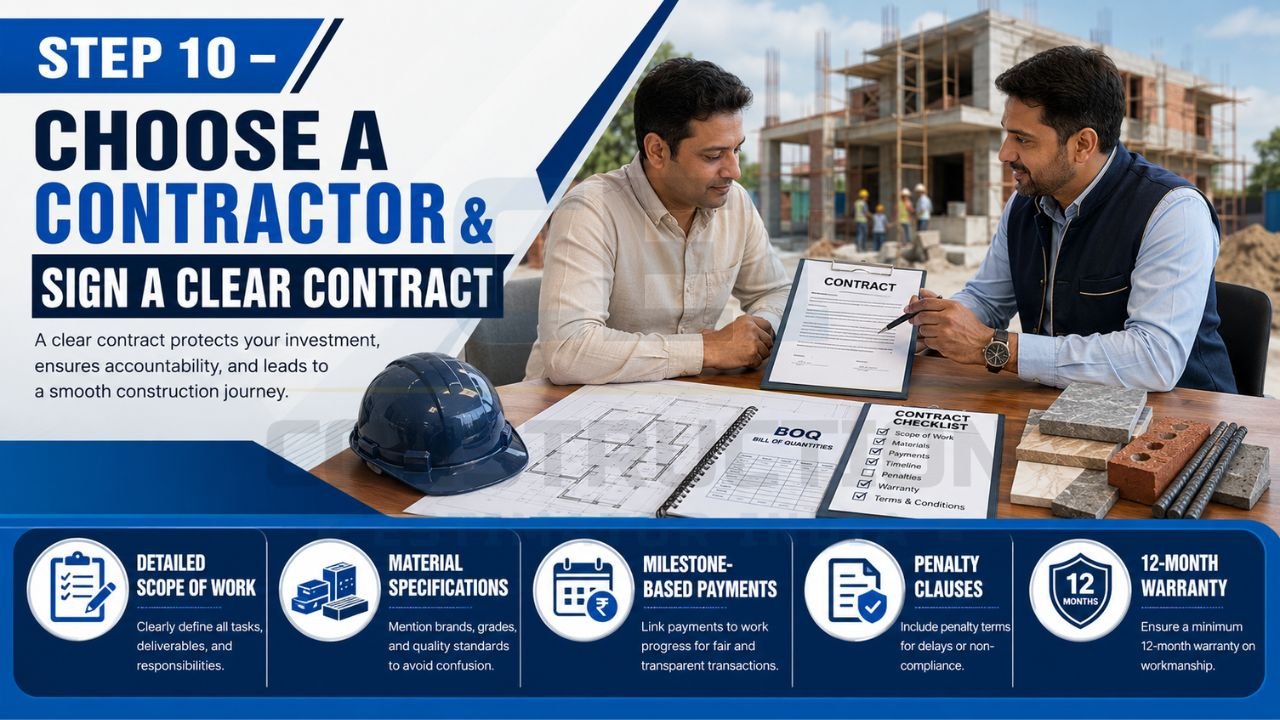 Homeowner reviewing a construction contract and BOQ with a contractor, highlighting scope of work, material specifications, payment milestones, penalty clauses, and warranty terms.