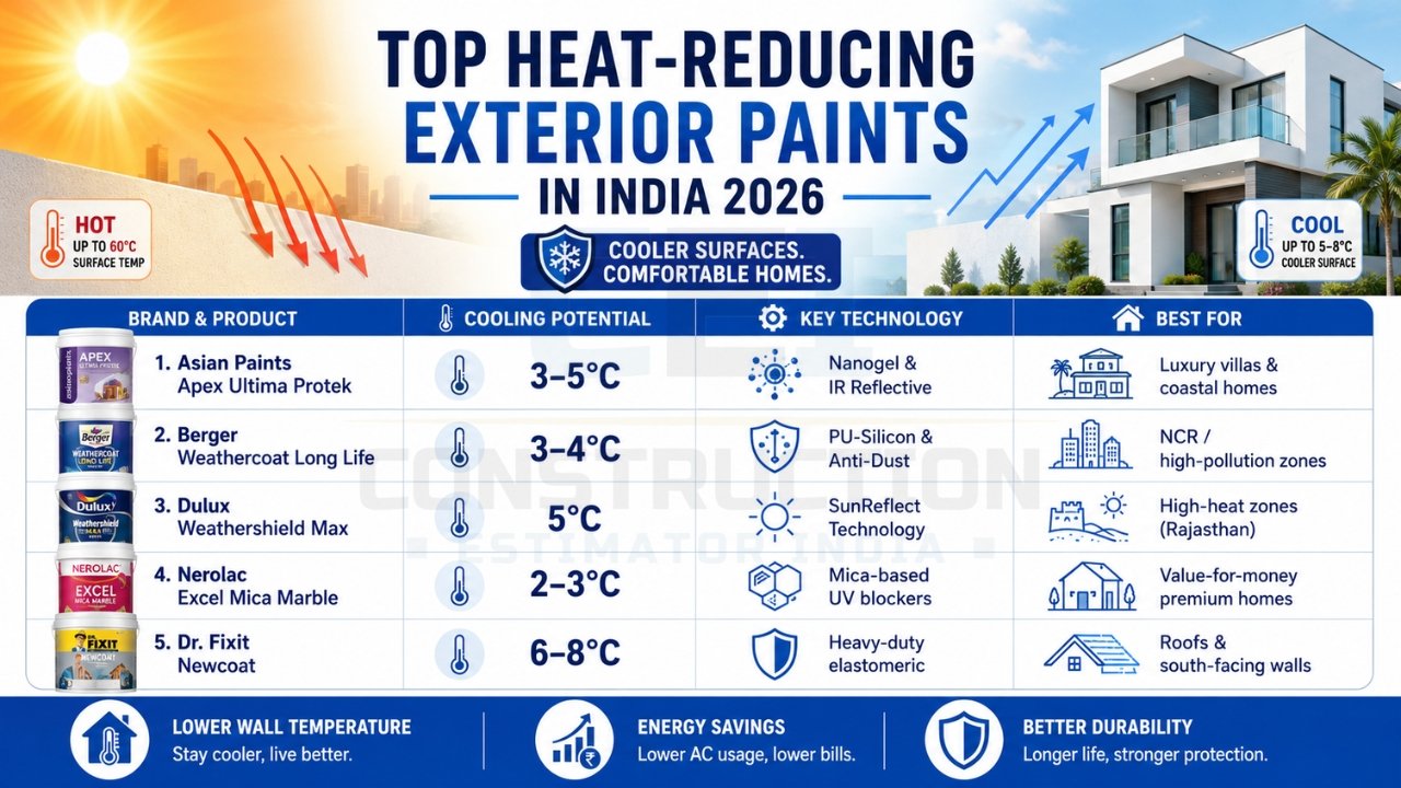 Top heat-reducing exterior paints in India 2026 showing cooling effect, technology, and best use cases