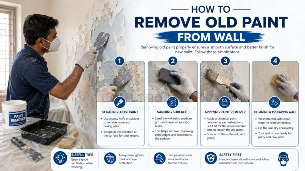 Step-by-step guide showing how to remove old wall paint using scraping, sanding, paint remover, and surface preparation