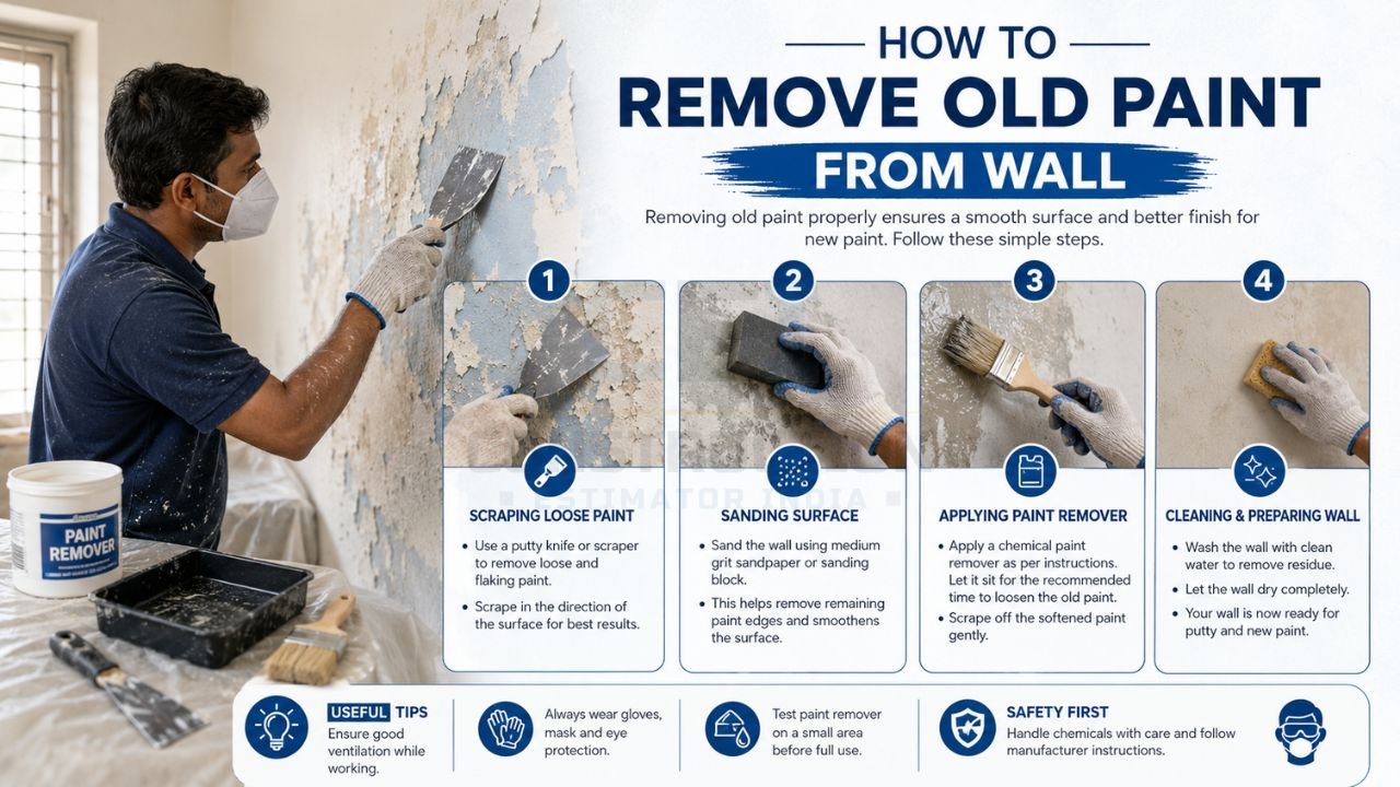 Step-by-step guide showing how to remove old wall paint using scraping, sanding, paint remover, and surface preparation