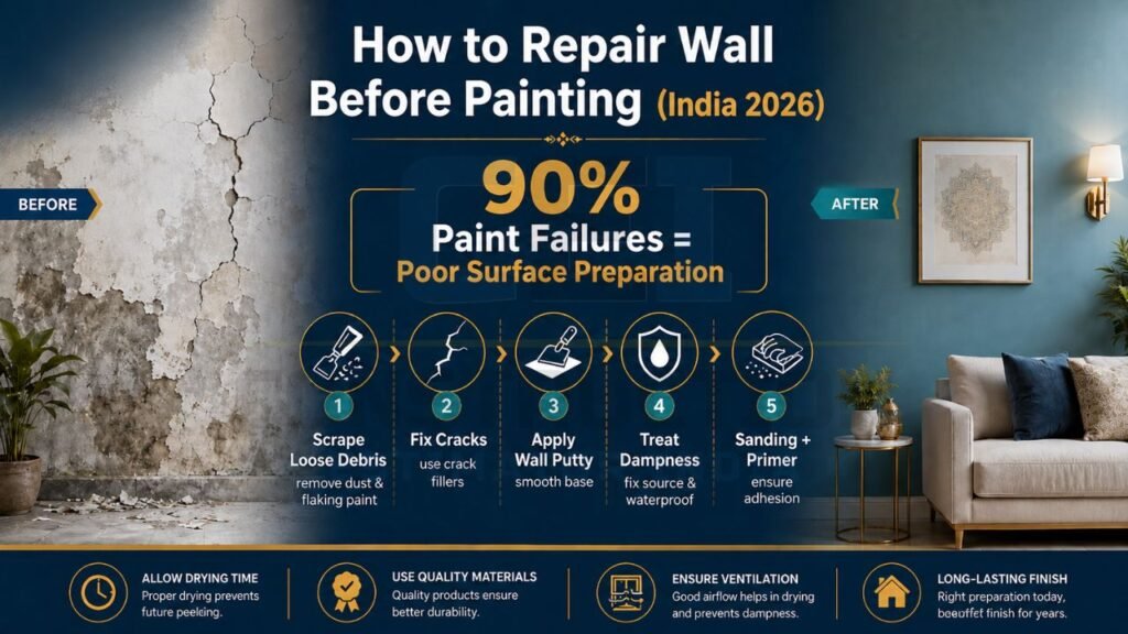 Before and after wall repair infographic showing surface preparation before painting damaged walls