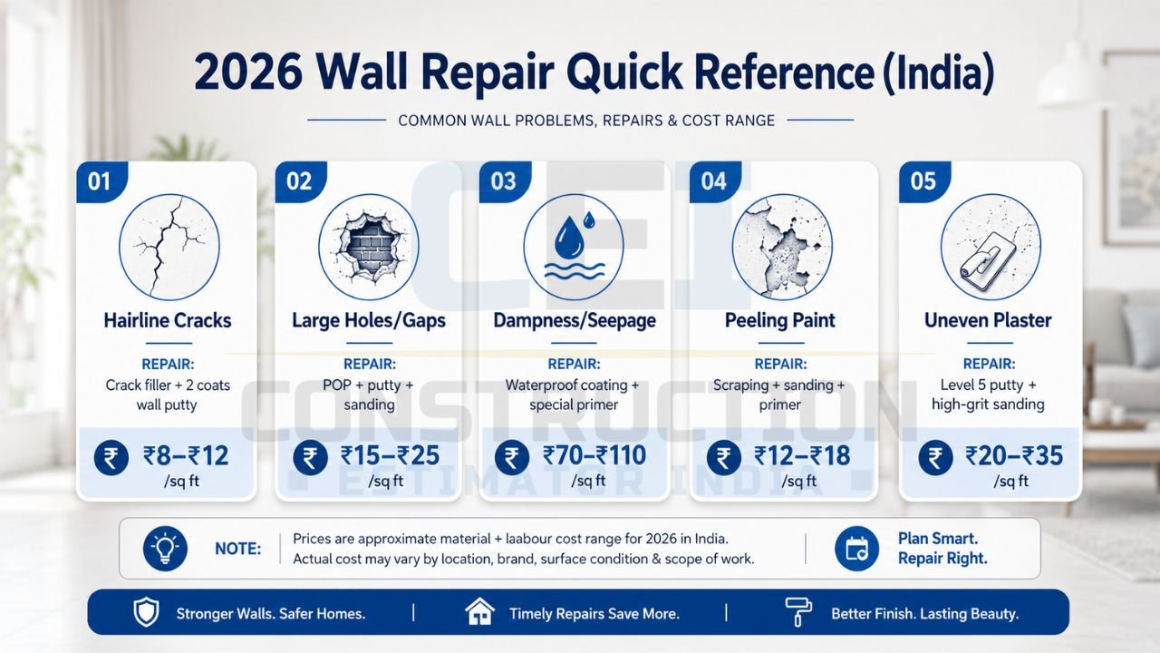 Wall repair cost guide for cracks, seepage, peeling paint, and uneven plaster in India