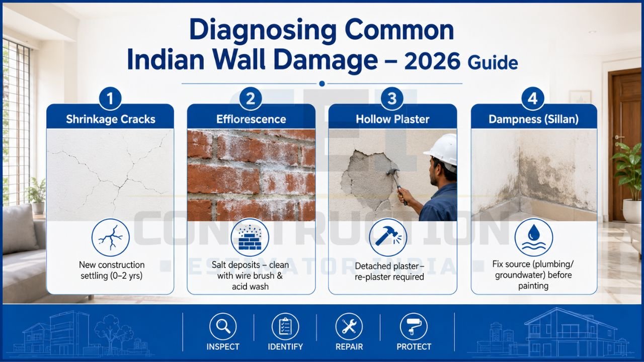Wall damage diagnosis infographic showing shrinkage cracks, efflorescence, hollow plaster, and dampness problems