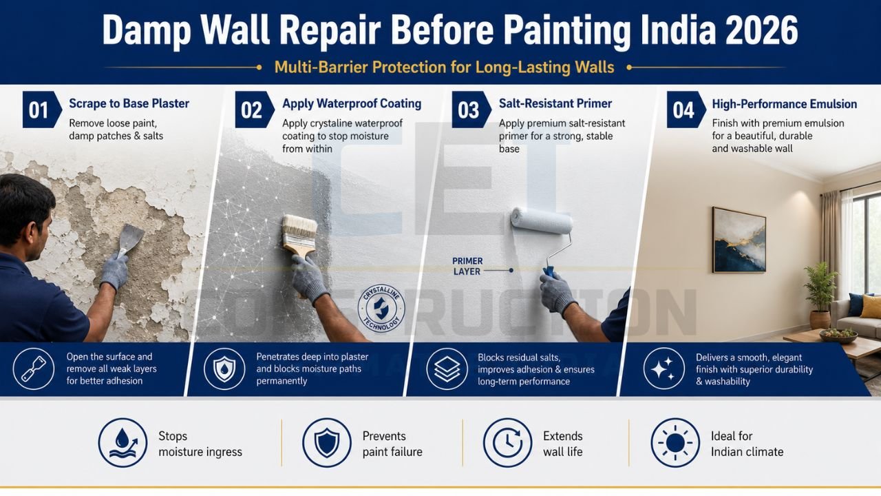 Step-by-step damp wall waterproofing and painting repair infographic for Indian homes