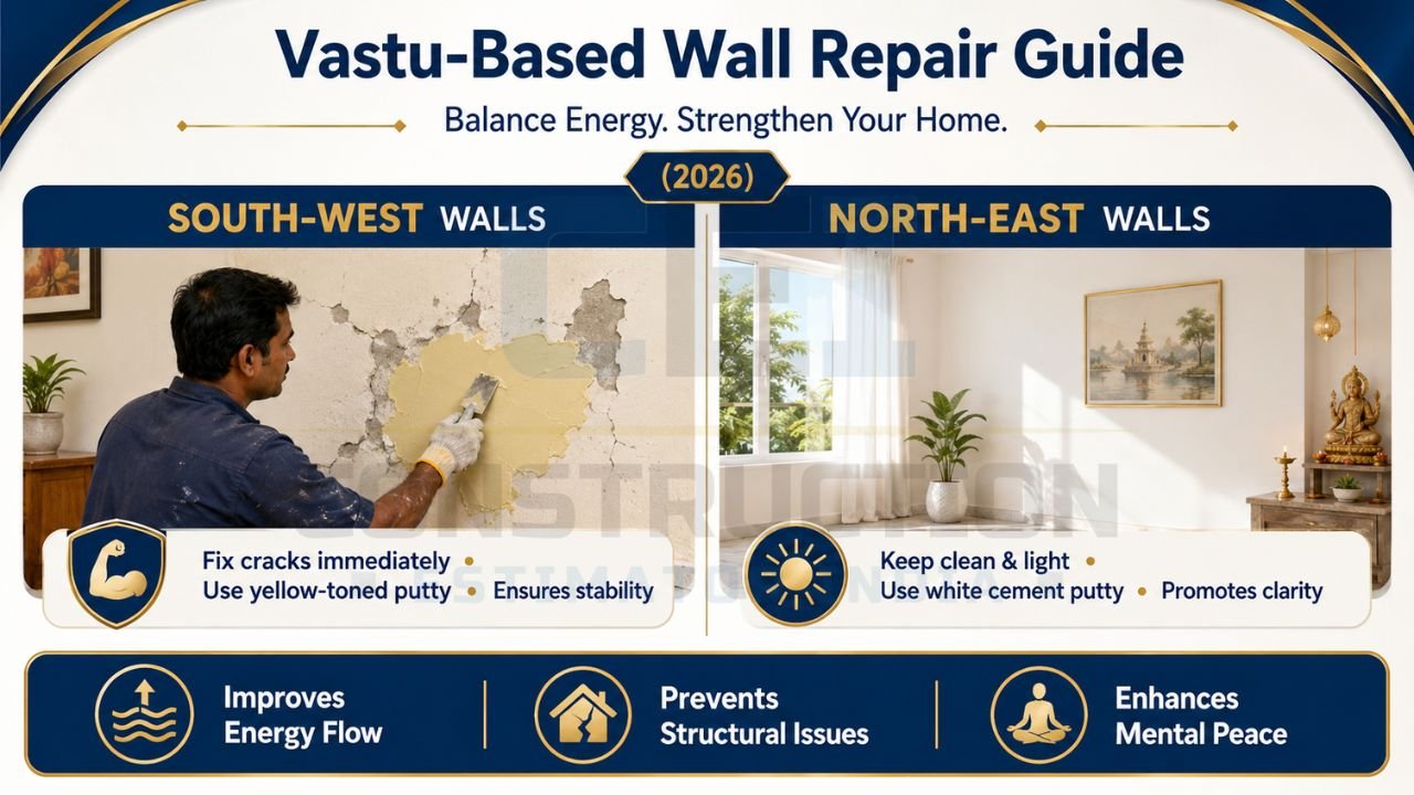 Vastu wall repair infographic showing south-west and north-east wall treatment tips for Indian homes