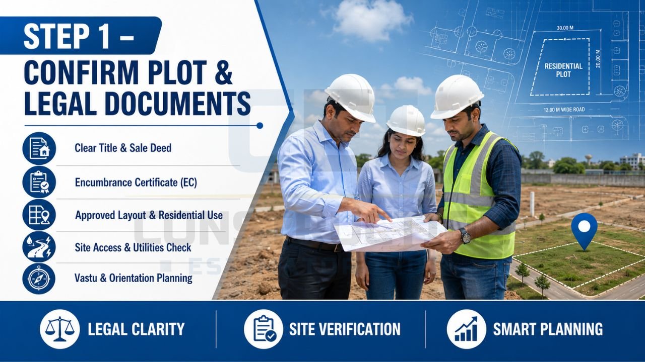 Residential plot verification guide showing title deed checks, encumbrance certificates, approved layouts, site access verification, and legal document review before construction.