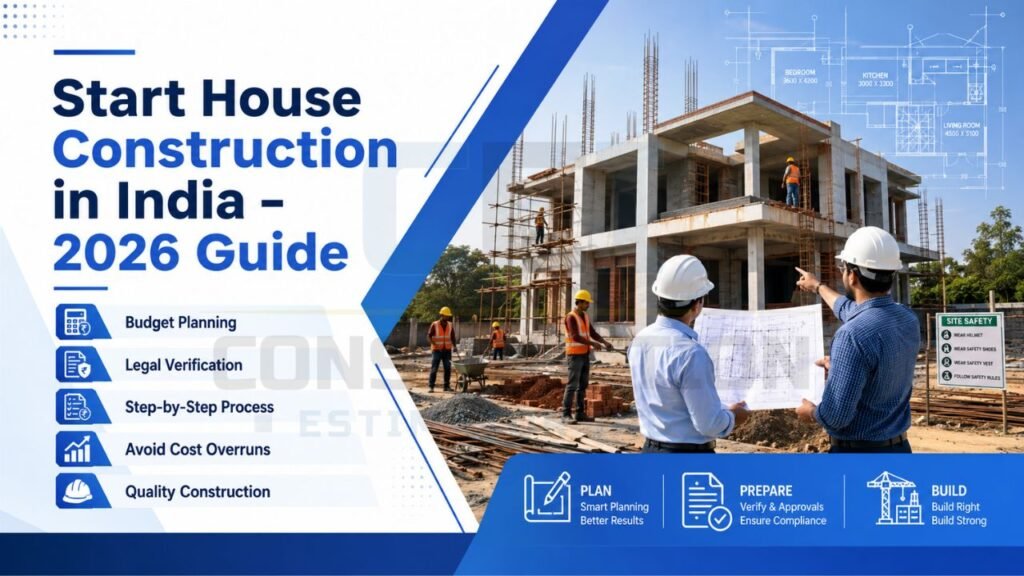 House construction planning guide in India featuring budget planning, legal verification, construction process, quality control, and project management for residential building projects.