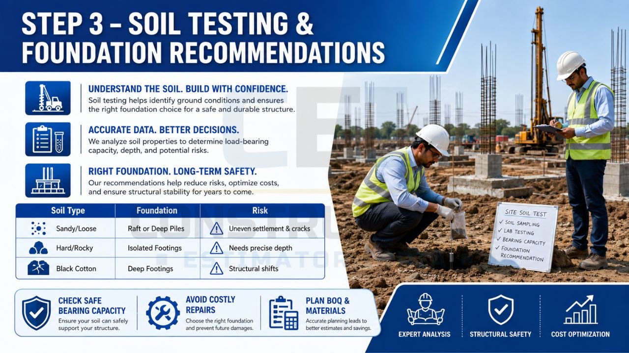 Soil testing and foundation recommendation infographic showing site investigation, soil analysis, bearing capacity testing, and foundation selection for residential construction.
