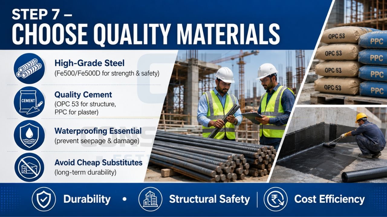 Construction material selection guide featuring Fe500 steel bars, OPC 53 cement, waterproofing solutions, and quality control checks for residential building projects.