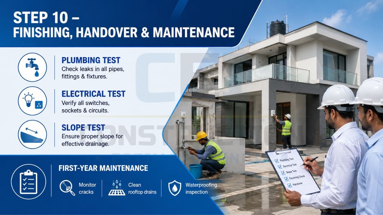 House construction finishing and handover checklist showing plumbing testing, electrical inspections, slope testing, waterproofing inspection, and first-year home maintenance procedures.