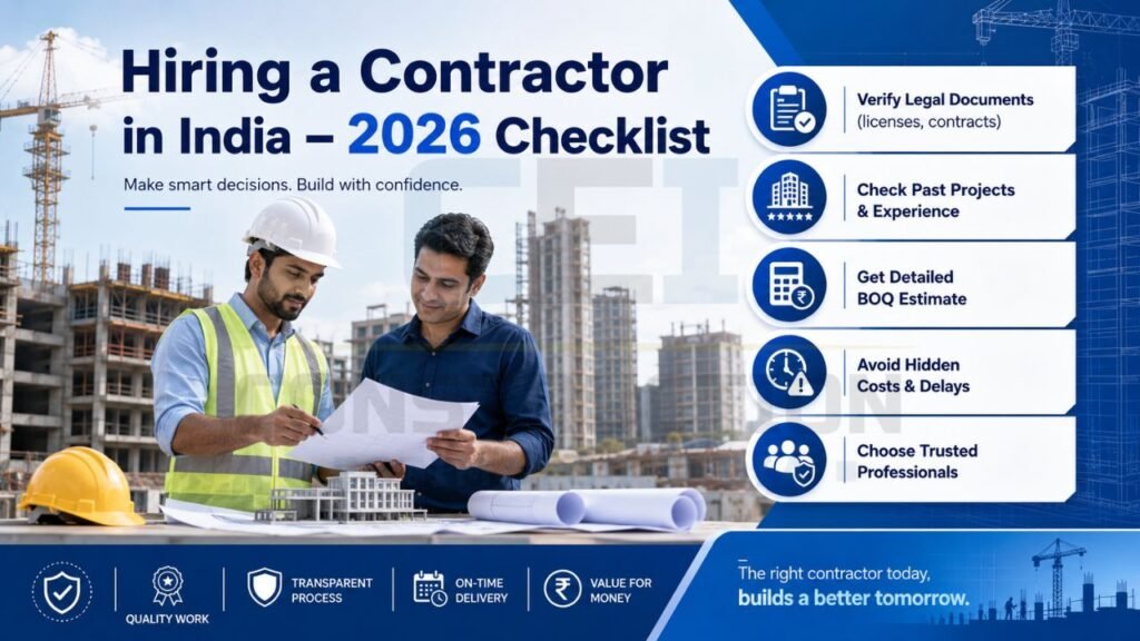 Contractor hiring checklist in India showing legal document verification, project experience review, BOQ estimates, cost control measures, and contractor selection tips.