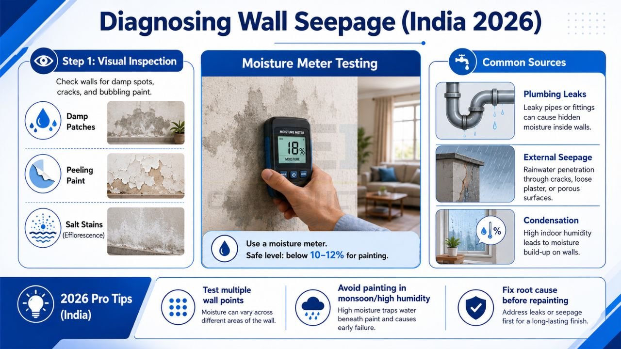 Infographic showing wall seepage diagnosis methods including damp patches, peeling paint, moisture meter testing, plumbing leaks, and condensation issues