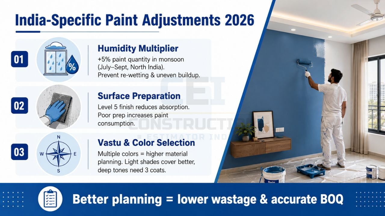 Bedroom paint planning infographic showing humidity impact, wall surface preparation, and Vastu color adjustments for Indian homes