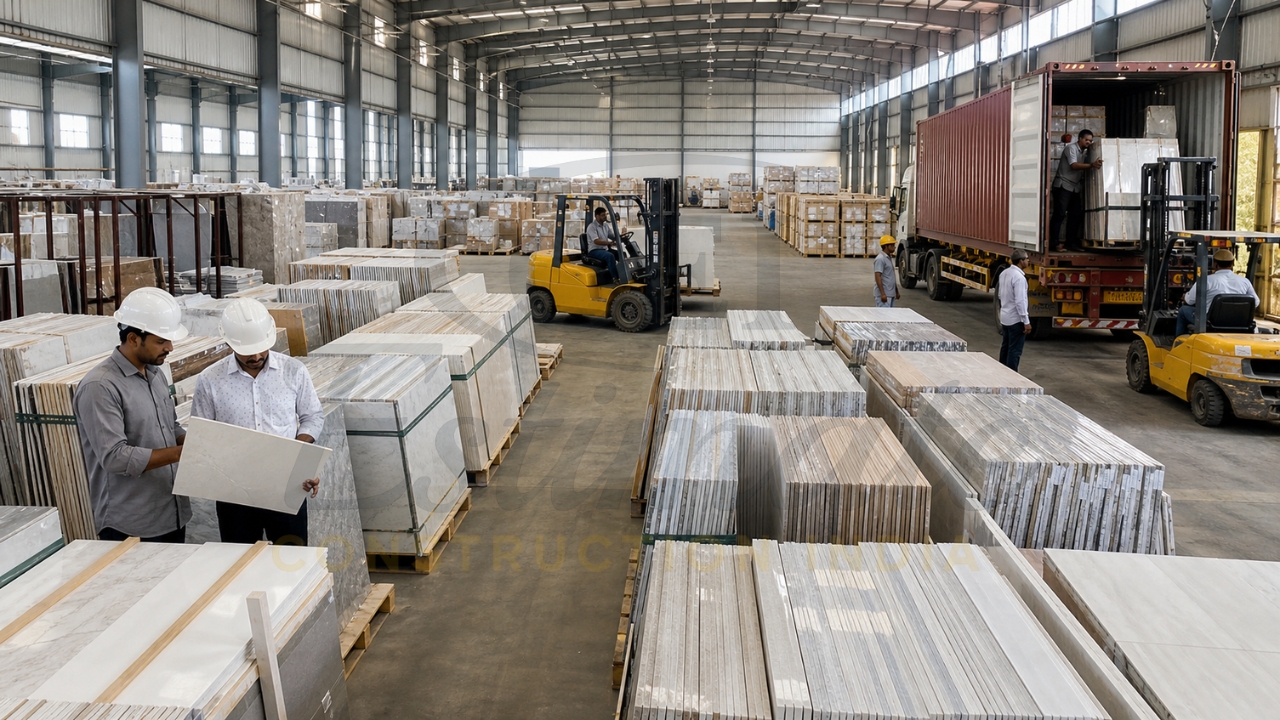 Large warehouse with stacked ceramic tiles on pallets, workers inspecting slabs, and forklifts loading tiles into a shipping container.