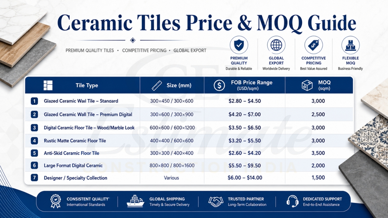 Ceramic tiles price and MOQ chart showing tile types, sizes, FOB price ranges, and minimum order quantities for export.