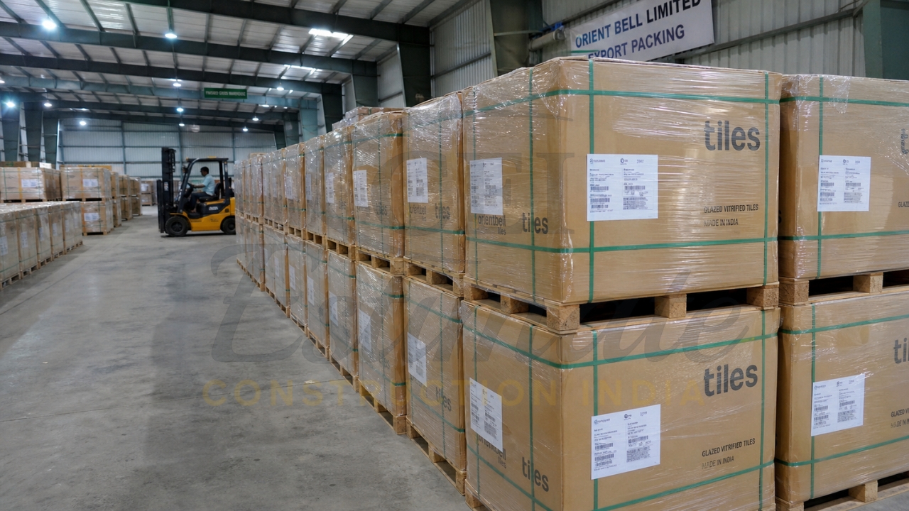 Warehouse stacked with palletized tile cartons labeled for export, with a forklift moving goods in a large storage facility.