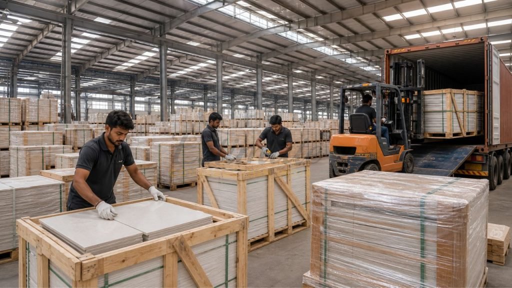 Workers packing and loading ceramic floor tiles in warehouse for bulk export to UAE using forklift and containers