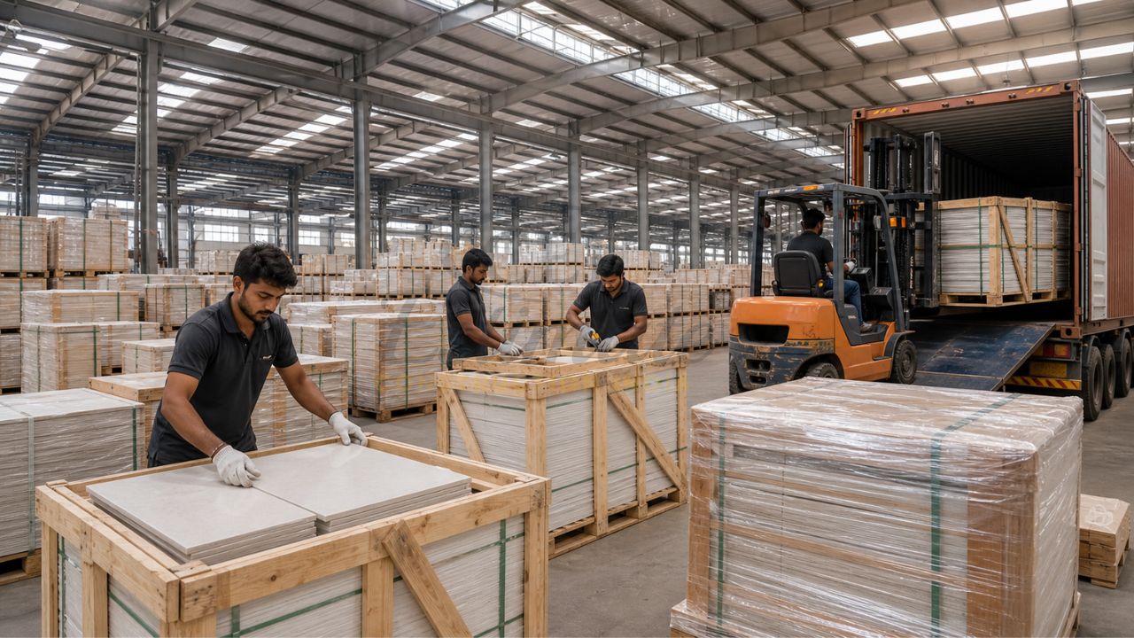 Workers packing and loading ceramic floor tiles in warehouse for bulk export to UAE using forklift and containers