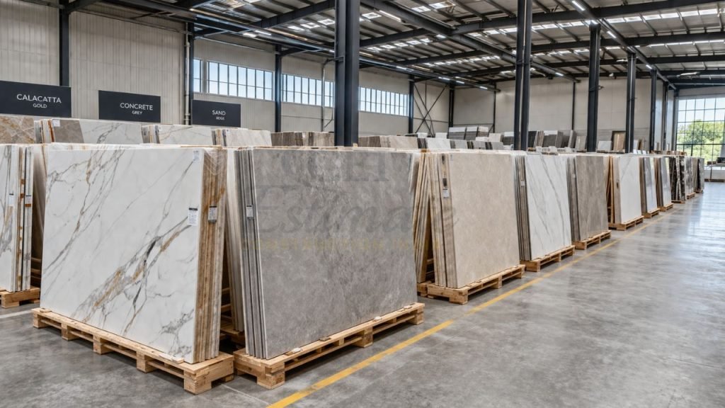 Indian porcelain slab manufacturer warehouse with large format marble-look slabs stacked on pallets for export to Germany