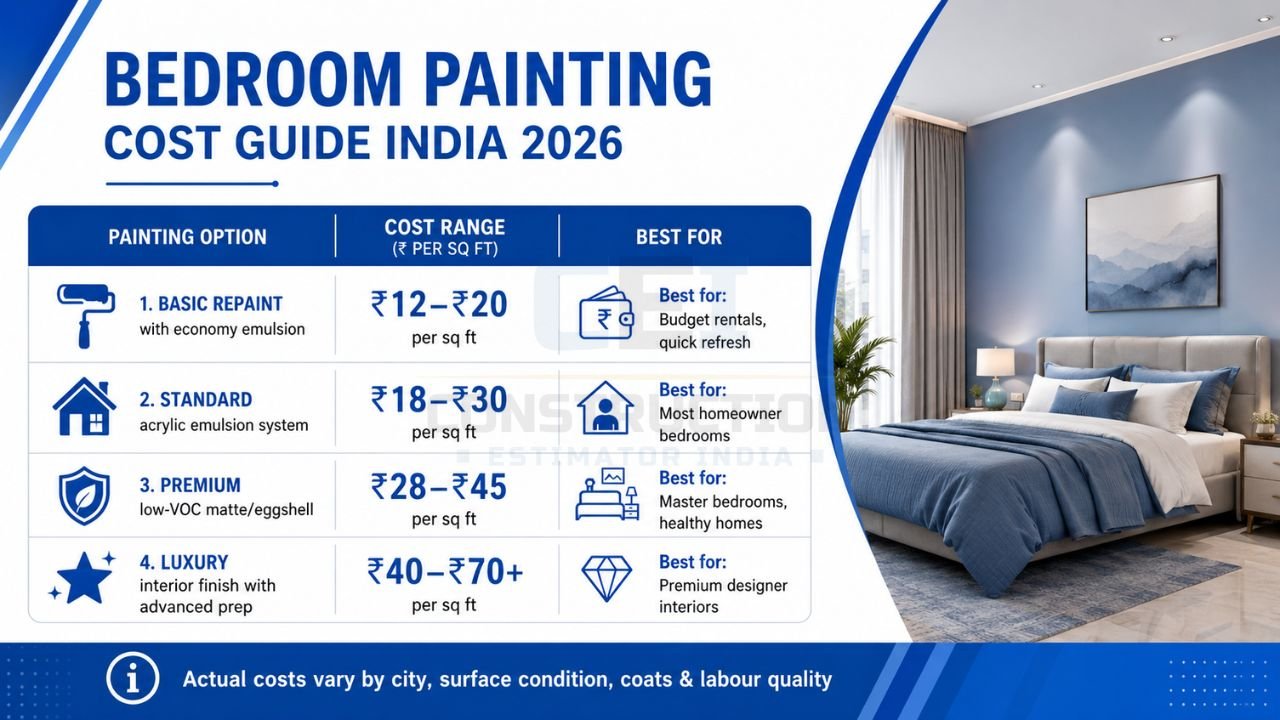 Bedroom painting cost guide India 2026 showing basic, standard, premium, and luxury paint cost per square foot