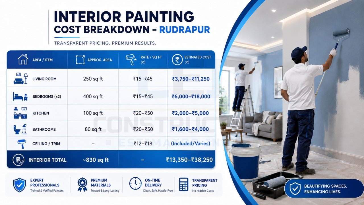 Interior painting cost breakdown Rudrapur showing room-wise area, rate per sq ft, and total estimated cost