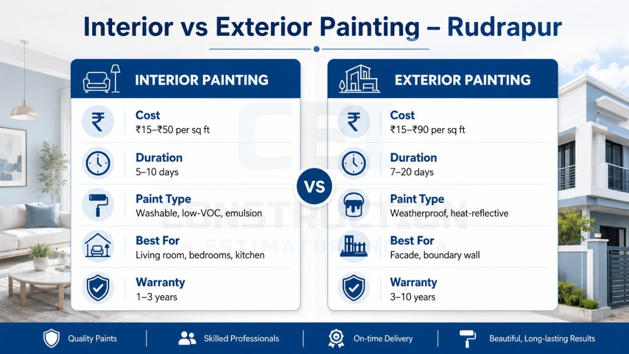 Interior vs exterior painting comparison Rudrapur showing cost, duration, paint types, usage areas, and warranty differences