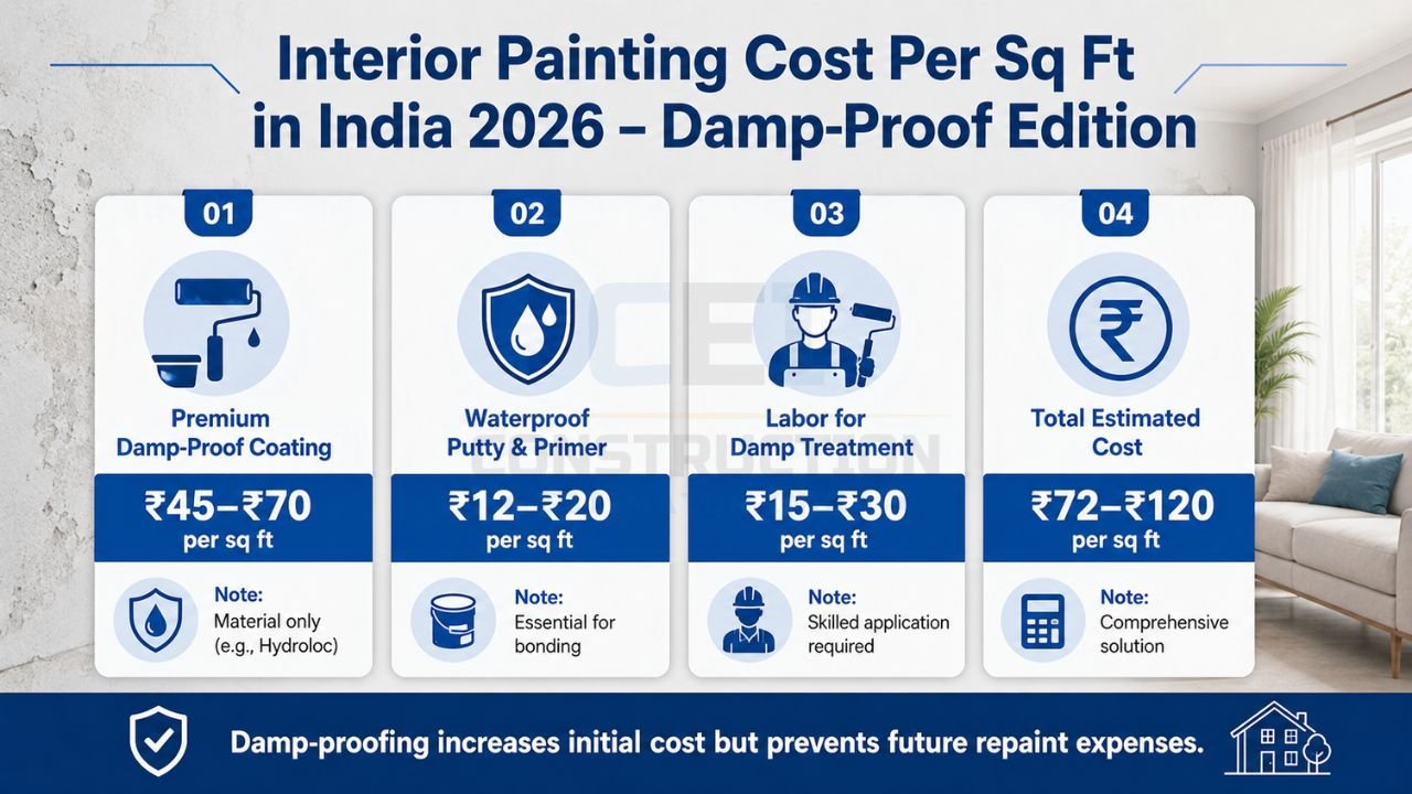 Infographic showing damp-proof interior painting cost per square foot in India including waterproof coating, primer, labor, and total cost estimates