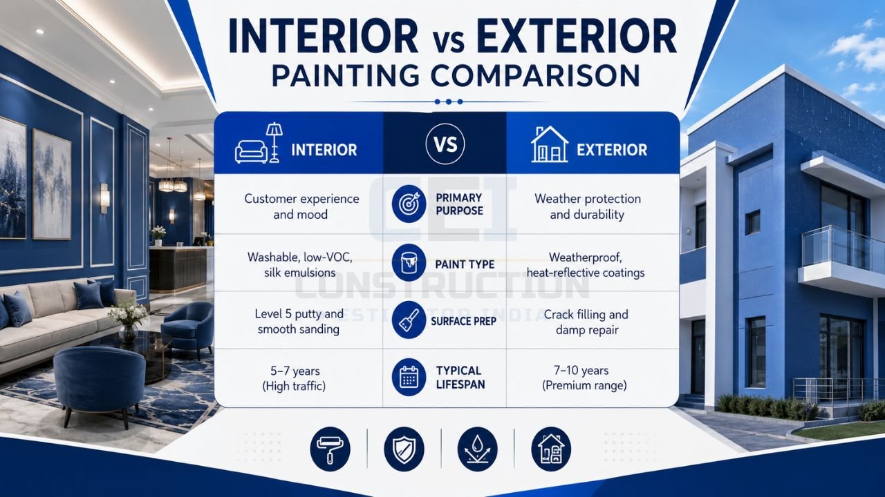 Infographic comparing hotel interior painting and exterior painting services, paint types, surface preparation, and benefits in India