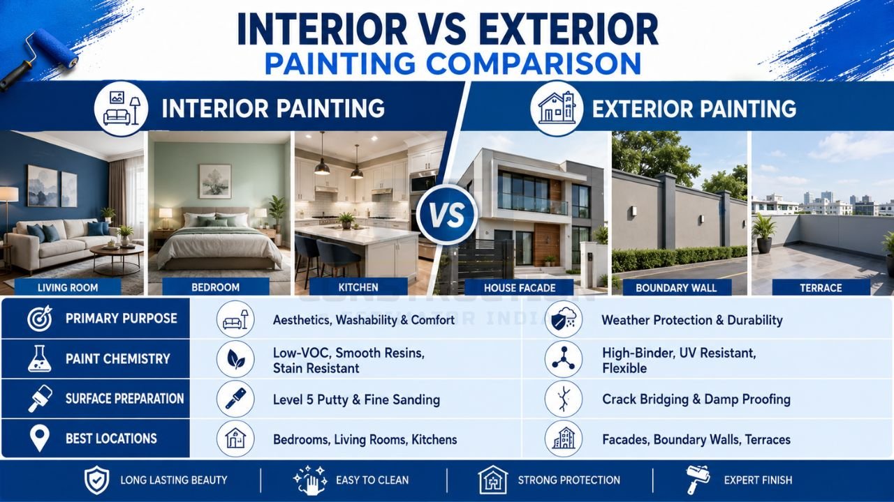 Interior vs exterior painting comparison showing differences in paint purpose, paint chemistry, surface preparation, durability, and best applications for homes and buildings