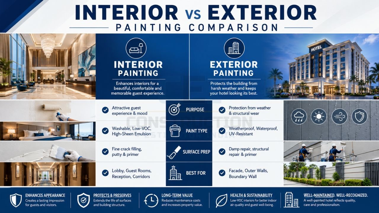 Infographic comparing interior and exterior painting services for hotels including paint types, surface preparation, durability, and building protection benefits
