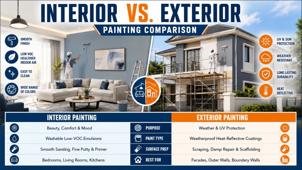 Interior vs exterior painting comparison showing paint types, benefits, surface preparation requirements, and residential house painting applications