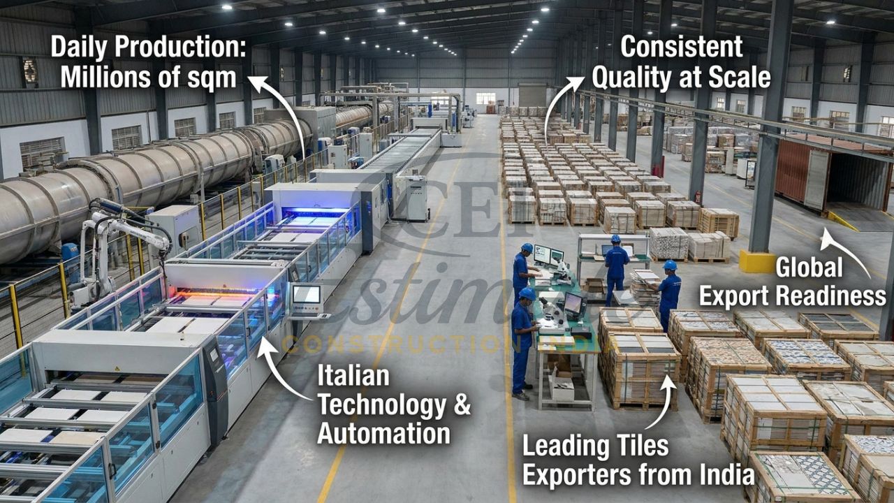 High-volume ceramic tile manufacturing plant in Morbi with automated lines and stacked products