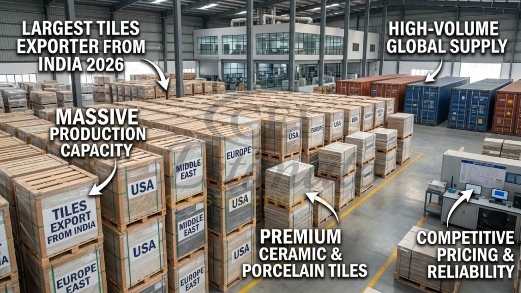 Massive production and export-ready stacks of premium ceramic and porcelain tiles from Morbi, India