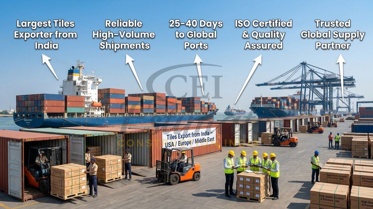 Containers loaded with bulk ceramic and porcelain tiles at Mundra Port for international shipment